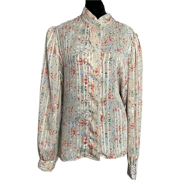 Linea V Button Up Shirt Women's 14 Multicolor Floral Print VTG Secretary Sheer - Picture 5 of 9